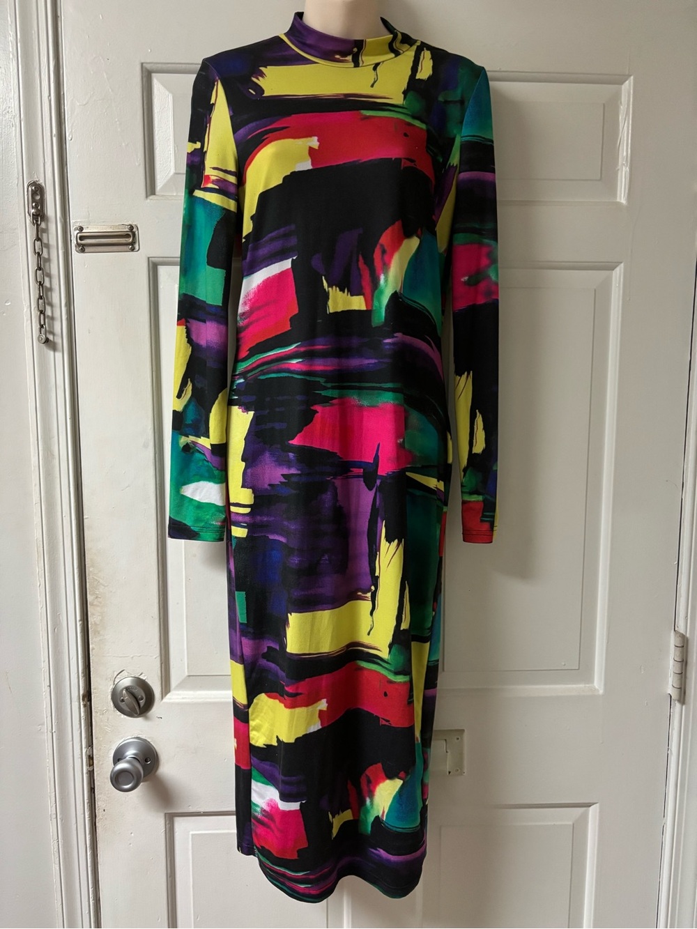 Abstract Multicolor Long Sleeve Midi Dress - Black Base